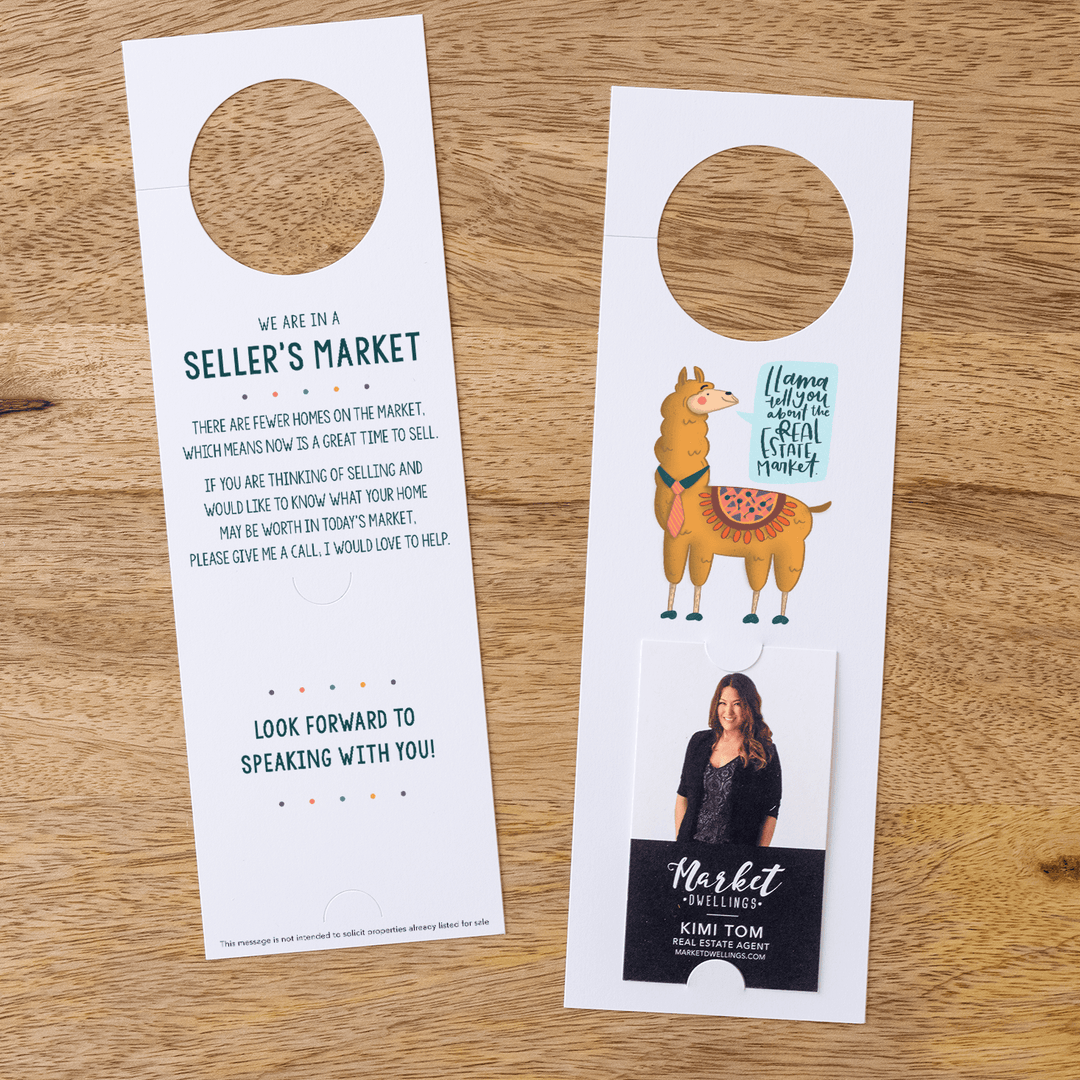 Vertical | "Llama Tell You About The Real Estate Market" | Real Estate Door Hanger | 26-DH005 Door Hanger Market Dwellings   