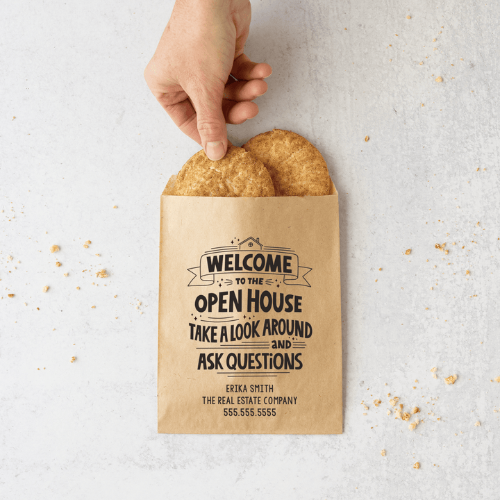 Customizable | Set of "Welcome to the Open House Take a Look Around and Ask Questions" Bakery Bags | 5-BB Bakery Bag Market Dwellings   