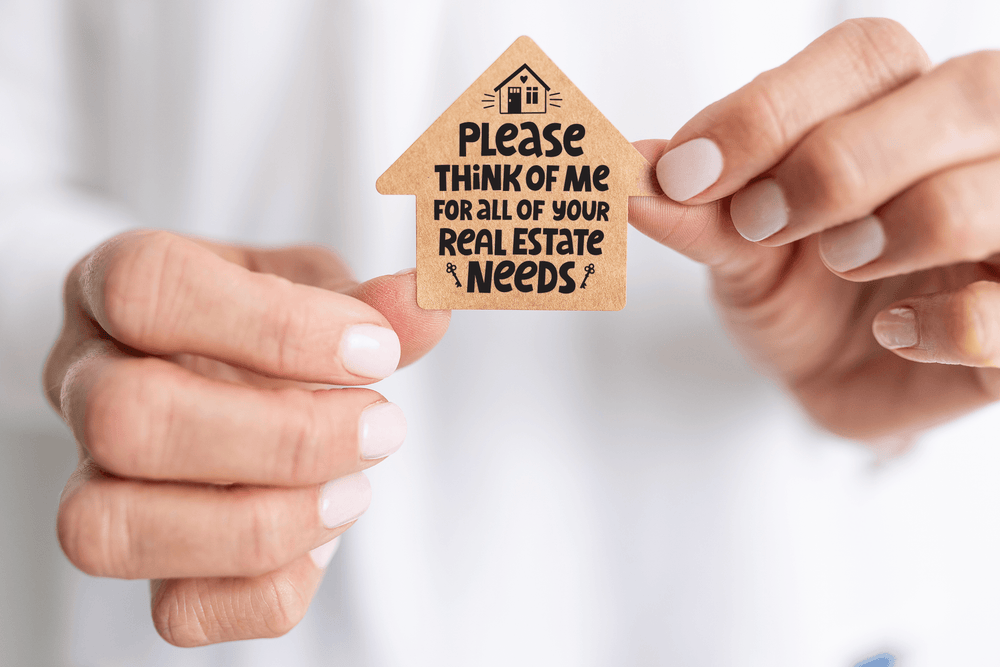 Set of Please Think of ME for All of Your Real Estate Needs | House Shaped Label Stickers | 5-LB1 Stickers Market Dwellings   