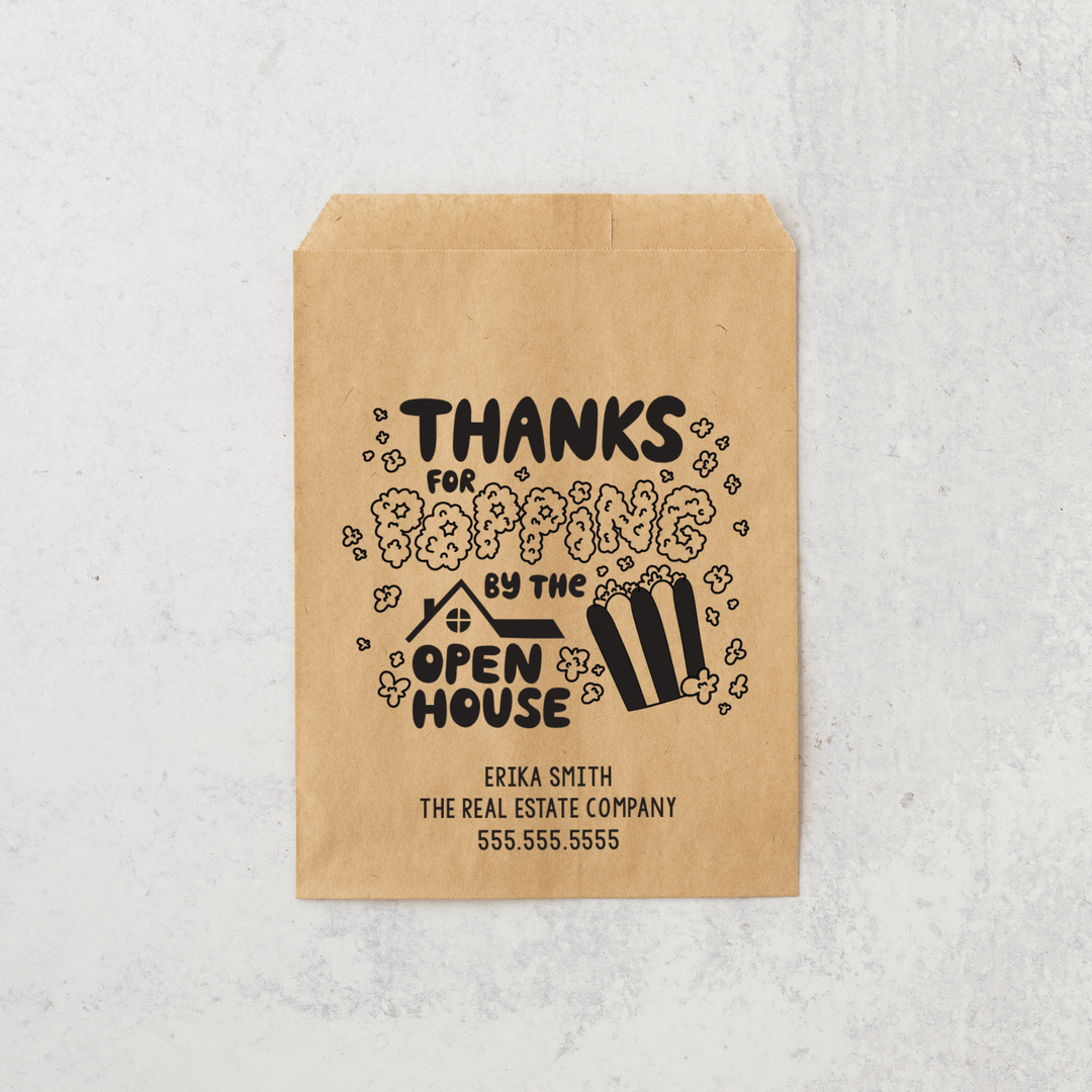 Customizable | Set of "Thanks for Popping By the Open House" Bakery Bags | 8-BB - Market Dwellings