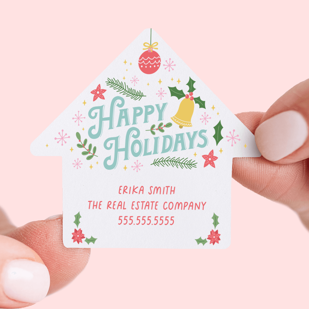 Customizable | Set of Happy Holidays House Shaped Stickers | 9-LB1 - Market Dwellings