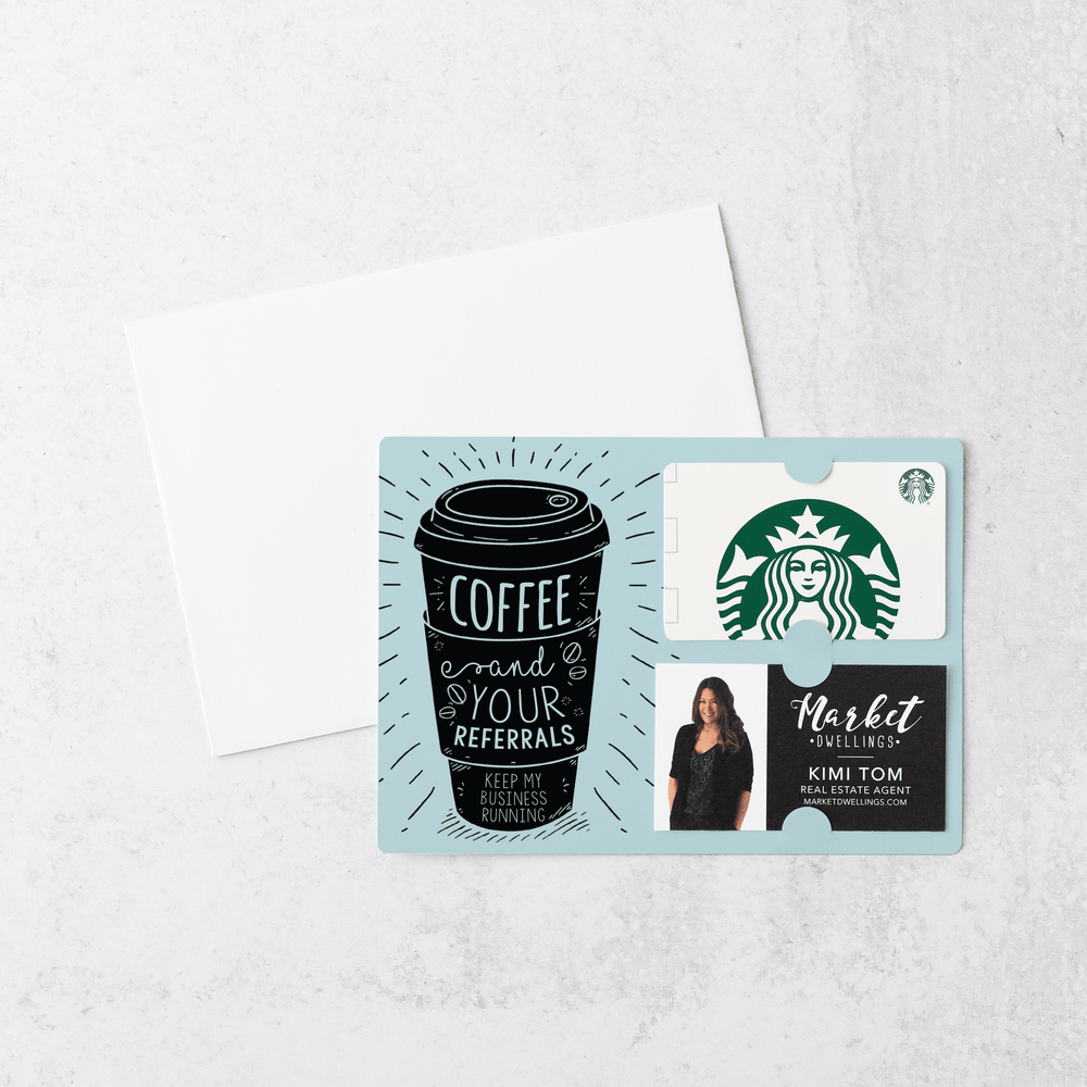 Set of Coffee and Your Referrals Keep My Business Running Gift Card & Business Card Holder Mailer | Envelopes Included | M3-M008 Mailer Market Dwellings LIGHT BLUE  