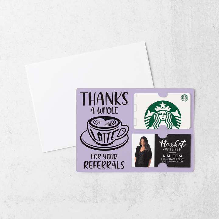 Set of Thanks A Whole Latte For Your Referrals Gift Card & Business Card Holder Mailers | Envelopes Included | M14-M008 Mailer Market Dwellings LIGHT PURPLE  