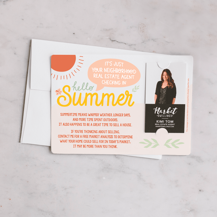 Vertical | Set of "Hello Summer" Real Estate Neighbor Double Sided Mailers | Envelopes Included | Summer | M17-M005 - Market Dwellings