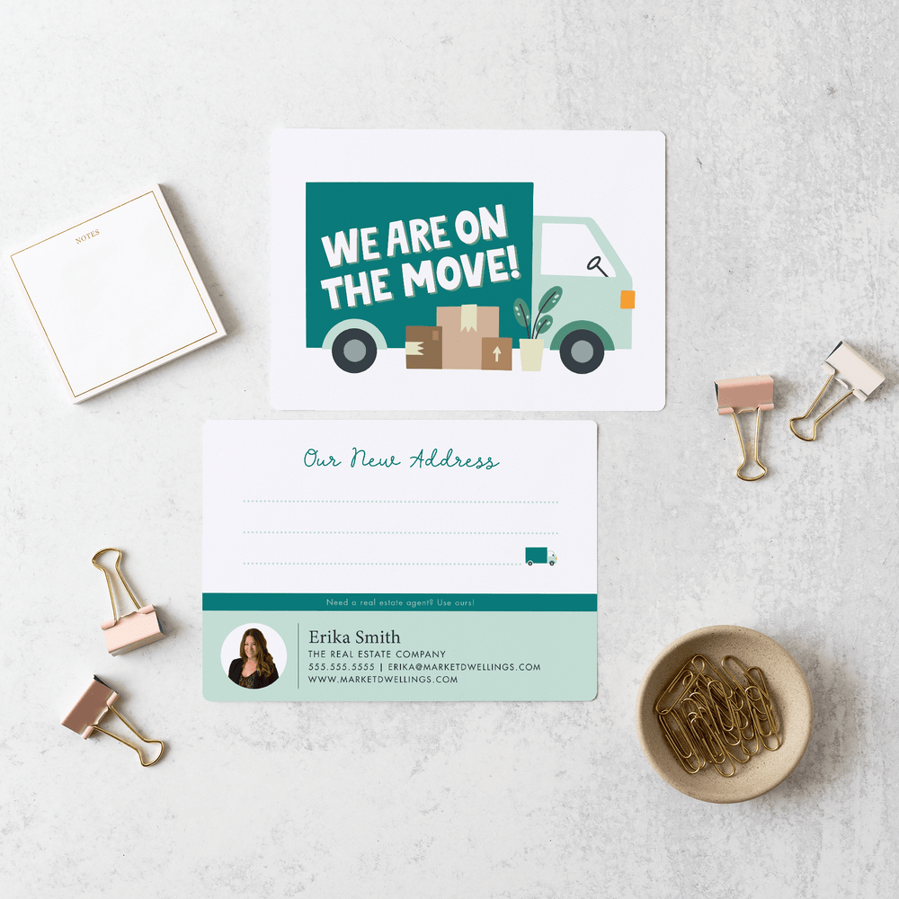 Customizable | Set of We Are On The Move! Moving Announcements For Your Clients | Envelopes Included  | M18-M006-AB Mailer Market Dwellings SEAFOAM  