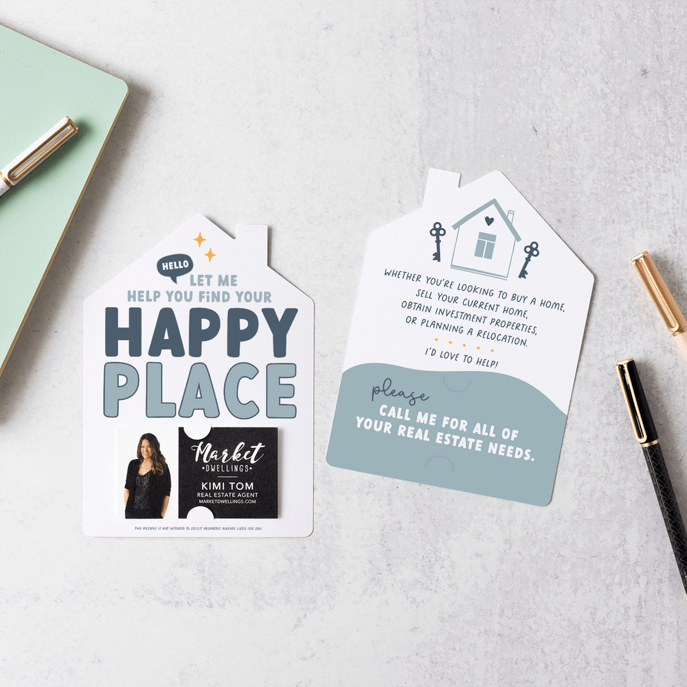 "Let Me Help You Find Your Happy Place" Real Estate Mailers | Envelopes Included | M2-M001-AB Mailer Market Dwellings BLUE  