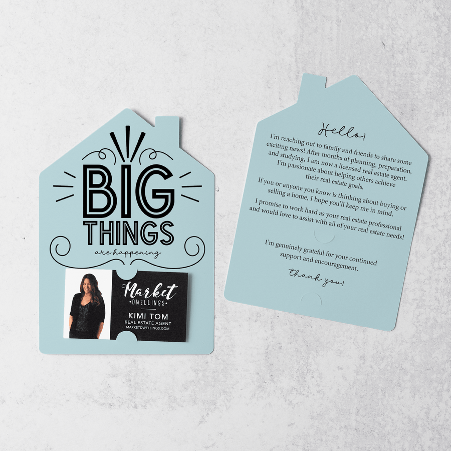 Set of Big Things Are Happening New Real Estate Agent Introduction Mailers | Envelopes Included | M26-M001 Mailer Market Dwellings LIGHT BLUE  