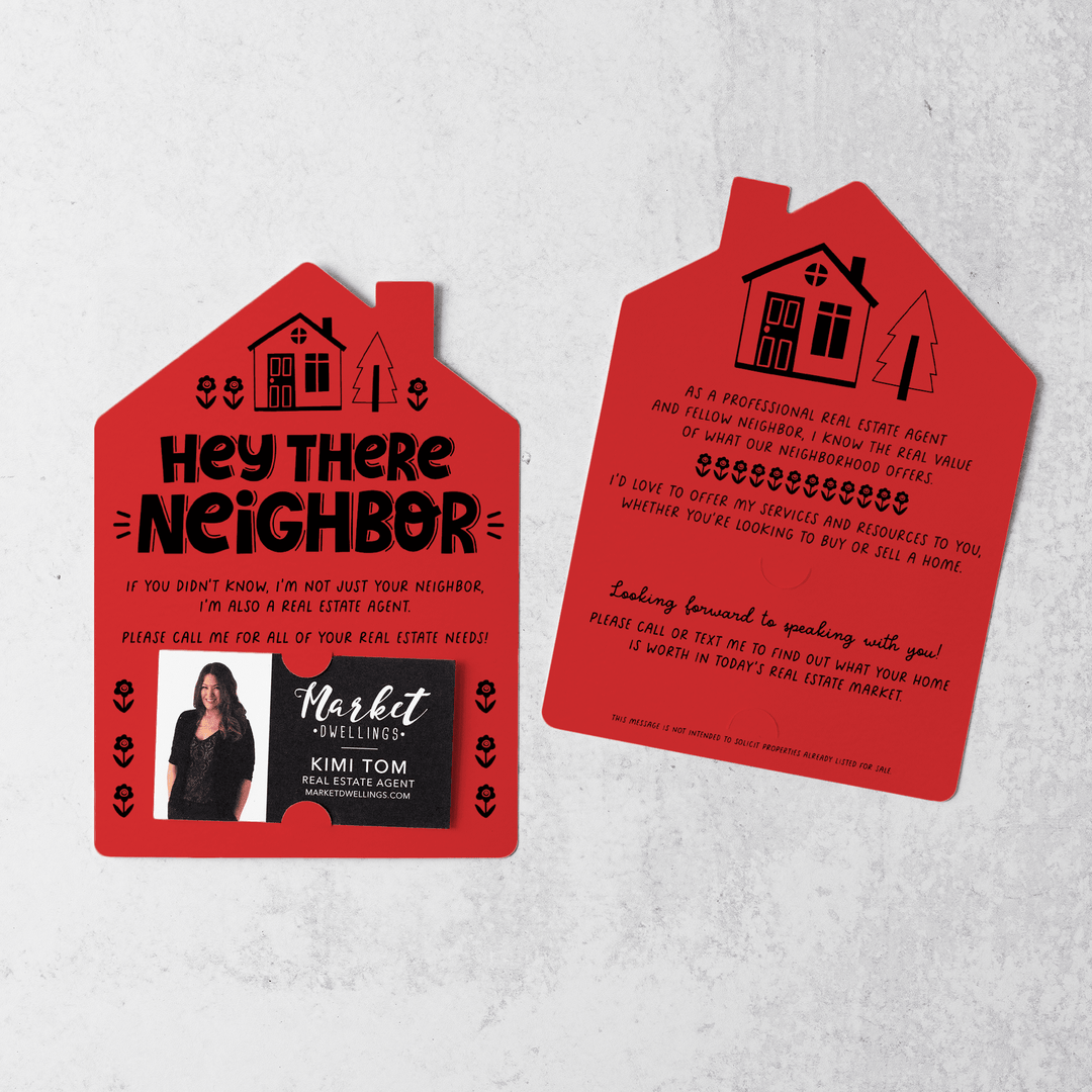 Hey There Neighbor Mailer w/Envelopes | Real Estate Agent Marketing | Insert your business card | M42-M001 Mailer Market Dwellings SCARLET  