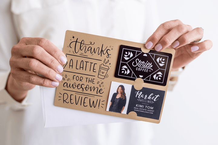 Set of "Thanks A Latte For The Awesome Review" Coffee Gift Card & Business Card Holder Mailers | Envelopes Included | M47-M008 Mailer Market Dwellings   