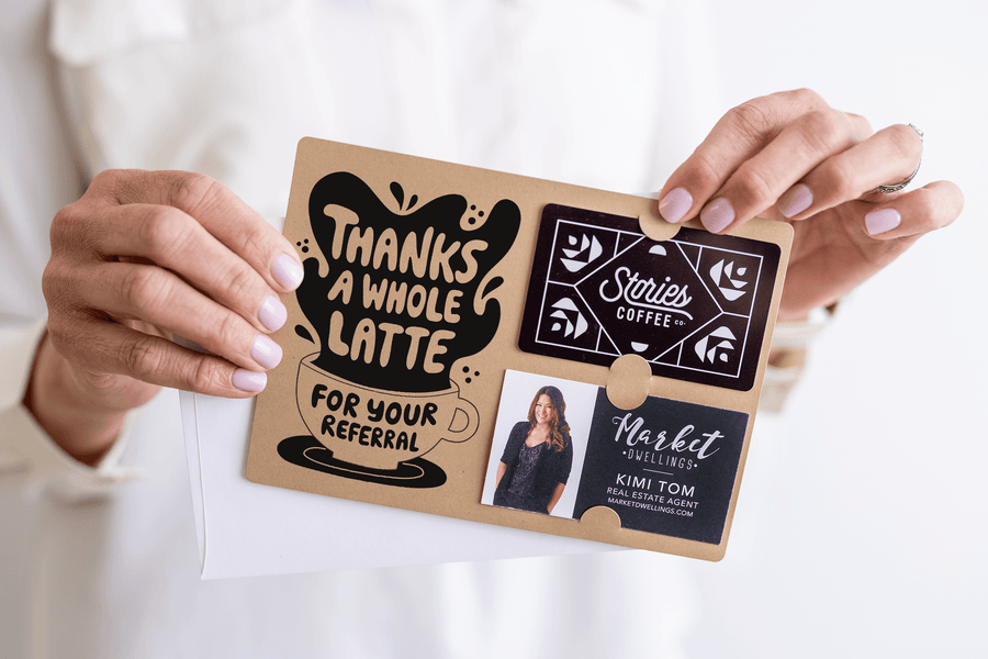 Set of "Thanks A Whole Latte For Your Referrals" Coffee Gift Card & Business Card Holder Mailer | Envelopes Included | M55-M008 Mailer Market Dwellings   