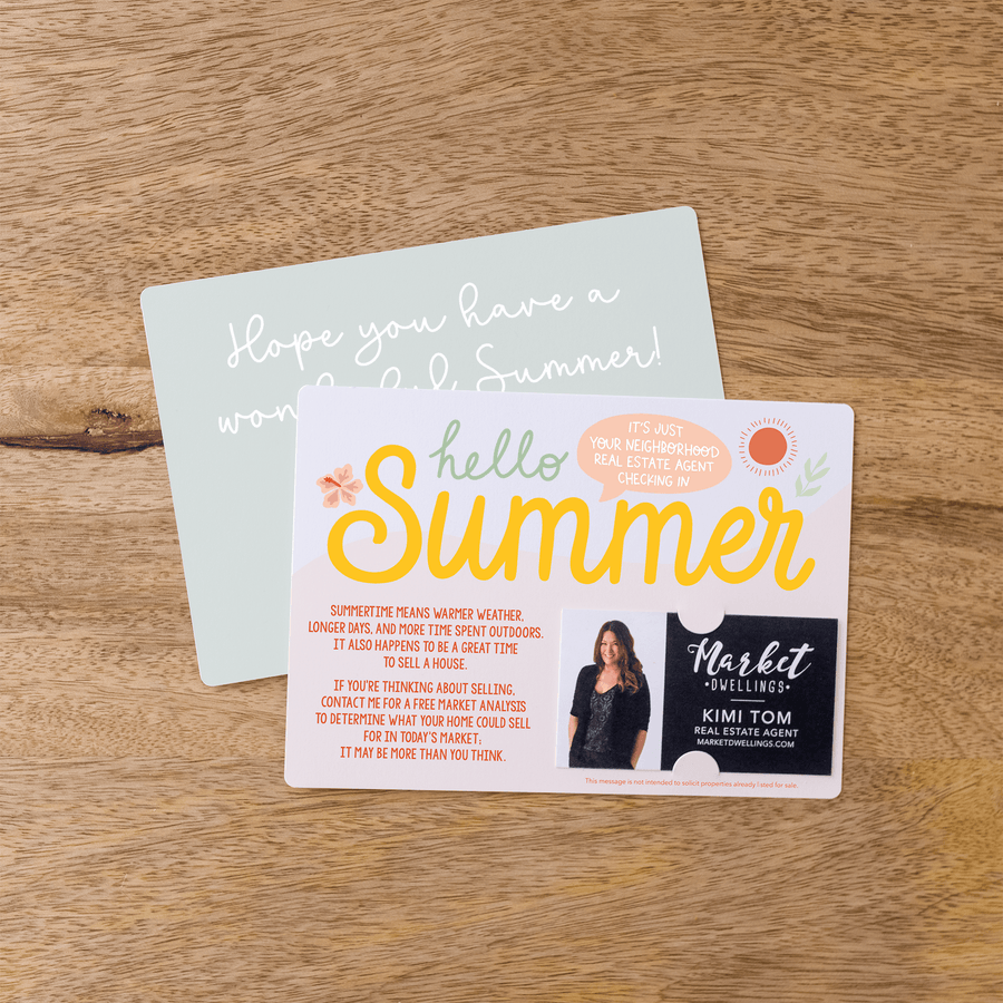 Set of "Hello Summer" Real Estate Neighbor Double Sided Mailers | Envelopes Included | Summer | M56-M003 - Market Dwellings