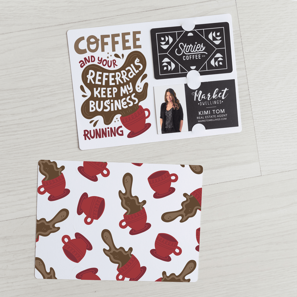 Set of "Coffee and Your Referrals Keep My Business Running" Gift Card & Business Card Holder Mailer | Envelopes Included | M57-M008-AB Mailer Market Dwellings RED  