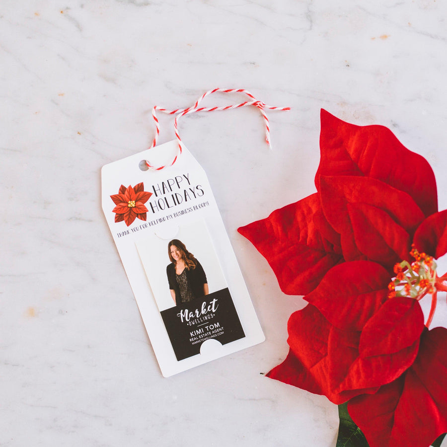 Vertical "Happy Holidays" with Poinsettia Gift Tag | Christmas | Pop By Gift Tag | 4-GT005 - Market Dwellings