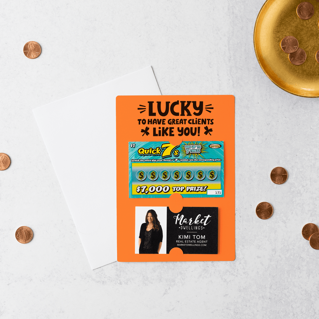 Set of Lucky to Have Great Clients Like You Lotto Scratch-Off Mailers | Envelopes Included | SP5-M002 Mailer Market Dwellings CARROT  
