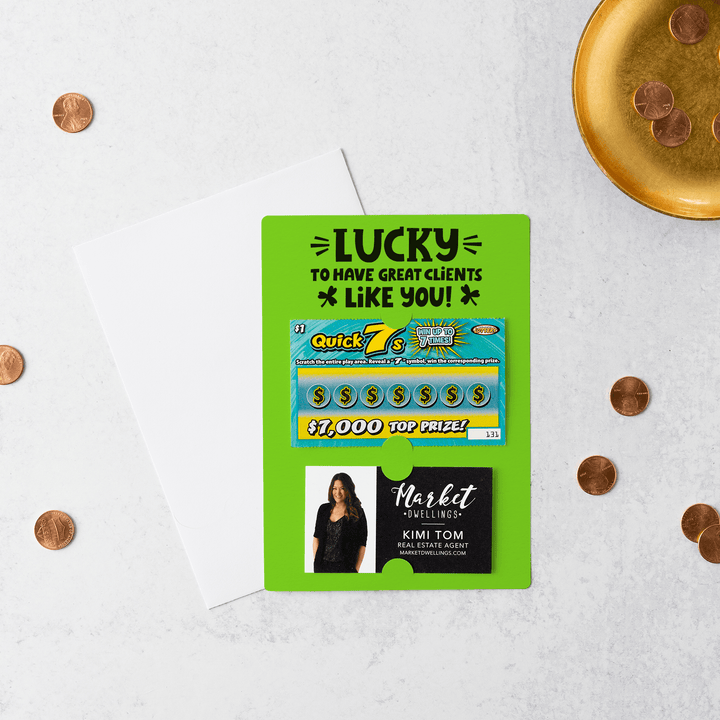 Set of Lucky to Have Great Clients Like You Lotto Scratch-Off Mailers | Envelopes Included | SP5-M002 Mailer Market Dwellings GREEN APPLE  