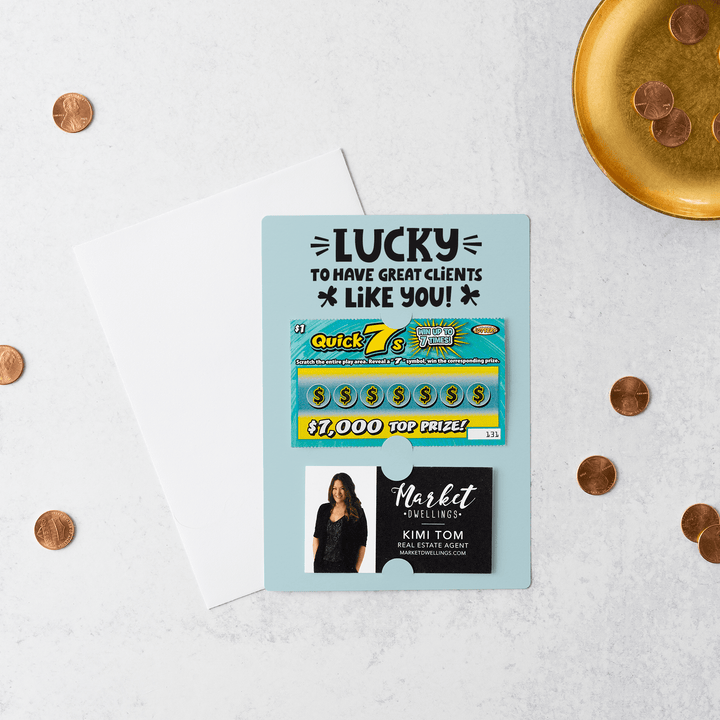 Set of Lucky to Have Great Clients Like You Lotto Scratch-Off Mailers | Envelopes Included | SP5-M002 Mailer Market Dwellings LIGHT BLUE  