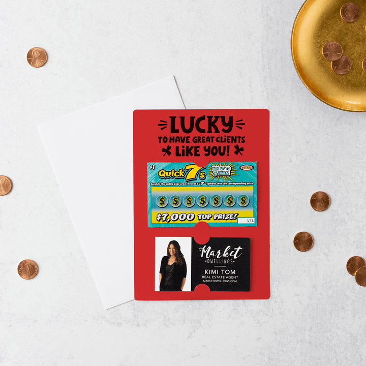 Set of Lucky to Have Great Clients Like You Lotto Scratch-Off Mailers | Envelopes Included | SP5-M002 Mailer Market Dwellings SCARLET  