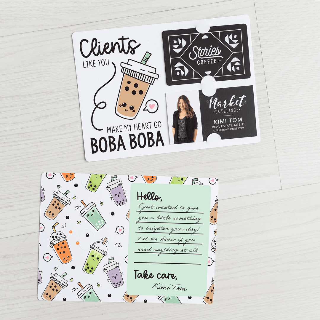 Set of "Clients Like You Make My Heart Go Boba Boba" Coffee or Tea Gift Card & Business Card Holder Mailers | Envelopes Included | M58-M008 - Market Dwellings